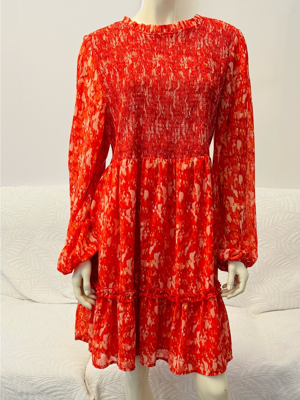 Red Printed Long-Sleeve Smocked Waist Mini Dress